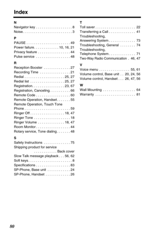 Page 80Index
80
N
Navigator key  . . . . . . . . . . . . . . . . . . . 8
Noise. . . . . . . . . . . . . . . . . . . . . . . . . . 3
P
PAUSE . . . . . . . . . . . . . . . . . . . . . . . 49
Power failure . . . . . . . . . . . . . 10, 16, 21
Privacy feature  . . . . . . . . . . . . . . . . . 44
Pulse service  . . . . . . . . . . . . . . . . . . 48
R
Reception Booster  . . . . . . . . . . . . . . 27
Recording Time  . . . . . . . . . . . . . . . . 21
Redial . . . . . . . . . . . . . . . . . . . . . 25, 27
Redial...