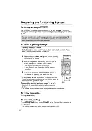 Page 2424
Preparing the Answering System
Greeting Message
You can record a personal greeting message of up to 2 minutes. If you do not 
record your own message, one of 2 pre-recorded greetings will be played for callers 
(p. 25).
To record a greeting message
•If “Recording error” is displayed, 6 beeps sound and 
“Your greeting was not recorded. Record your greeting again.” is 
announced, start again from step1.
To adjust the speaker volume, press [ ] or [ ].
•9 levels (0–8) are available while using the...