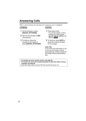 Page 3232
Answering Calls
When a call is received, the unit rings and “Incoming call” is displayed. 
Auto Talk
If you set the Auto Talk feature to ON 
(p. 23), you can answer a call by 
simply lifting the cordless handset off 
the charger without pressing [] or 
[].
1Lift the handset or press 
[DIGITAL SP-PHONE].
2Talk into the handset or MIC 
(microphone).
3To hang up, place the 
handset on the cradle or 
press [DIGITAL SP-PHONE].
Base Unit
1Press [] or [].
•You can also answer a call by 
pressing any button...