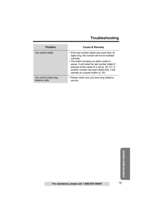 Page 7575
Troubleshooting
Useful Information
For assistance, please call: 1-800-ADT-ASAP
You cannot redial.•If the last number dialed was more than 32 
digits long, the number will not be redialed 
correctly.
•The button functions as either redial or 
pause. It will redial the last number dialed if 
pressed at the outset of a call (p. 29, 31). If 
another number has been dialed first, it will 
operate as a pause button (p. 52).
You cannot make long 
distance calls.•Please make sure you have long distance...