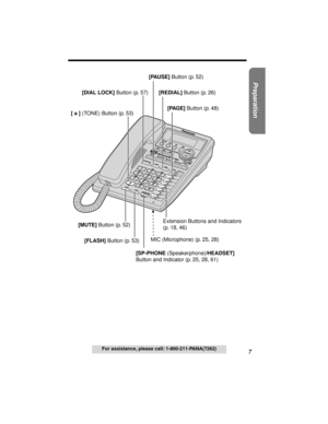 Page 77
Preparation
For assistance, please call: 1-800-211-PANA(7262)
MIC (Microphone) (p. 25, 28)Extension Buttons and Indicators
(p. 18, 46) [
R] (TONE) Button (p. 53)[DIAL LOCK] Button (p. 57)[PAUSE] Button (p. 52)
[REDIAL] Button (p. 26)
[PAGE] Button (p. 48)
[SP-PHONE (Speakerphone)/HEADSET] 
Button and Indicator (p. 25, 28, 61) [FLASH] Button (p. 53) [MUTE] Button (p. 52)
MIC (Microphone) (p. 25, 28)Extension Buttons and Indicators
(p. 18, 46) [
R] (TONE) Button (p. 53)[DIAL LOCK] Button (p. 57)[PAUSE]...