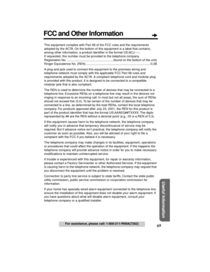 Page 6969
Useful Information
For assistance, please call: 1-800-211-PANA(7262) This equipment complies with Part 68 of the FCC rules and the requirements 
adopted by the ACTA. On the bottom of this equipment is a label that contains, 
among other information, a product identiﬁer in the format US:ACJ-----. 
If requested, this number must be provided to the telephone company.
Registration No.  ..................................................... (found on the bottom of the unit)
Ringer Equivalence No. (REN)...