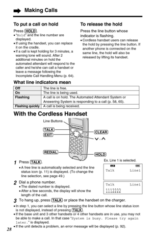 Page 2828
Making Calls
To put a call on hold
Press (HOLD).
•“Hold” and the line number are
displayed.
•If using the handset, you can replace
it on the cradle.
•
If a call is kept holding for 3 minutes, a
warning tone will sound. After 2
additional minutes on hold the
automated attendant will respond to the
caller and he/she can call a handset or
leave a message following the
Incomplete Call Handling Menu (p. 64).
1Press(TALK).
•A free line is automatically selected and the line
status icon (p. 11) is displayed....