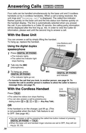 Page 3030
Answering Calls Base UnitHandset
With the Cordless Handset
Press (TALK). 
•The called line status icon stops flashing.
•You can also answer a call by pressing any 
dialing button (0)to (9), 
(*)or (#)(— Any Key Talk).  
OR
If the handset is on the charger, just lift up. (This
is not possible when the Auto Talk feature is set
to OFF. See page 48.) Four calls can be handled simultaneously by the base unit and 3 cordless
handsets (or by 4 cordless handsets). When a call is being received, the
unit rings...