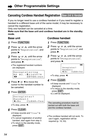 Page 54Cordless handset
1Press (FUNCTION).
2Press  or  until the arrow
points to “Registration”, and
press H.
3Press  or  until the arrow
points to “Deregistration”,
and press H.
•To stop, press I.
4Press (CLEAR).
•A beep sounds and “Clear” is
displayed.
•To return to the standby mode,
press (EXIT). 
•[–] will be displayed.
Base unit
1Press (FUNCTION).
2Press  or  until the arrow
points to “Registration”, and
press H.
3Press  or  until the arrow
points to “Deregistration”,
and press H.
•The registered handset...