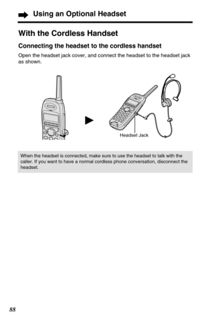 Page 8888
Using an Optional Headset
Headset Jack
When the headset is connected, make sure to use the headset to talk with the
caller. If you want to have a normal cordless phone conversation, disconnect the
headset.
With the Cordless Handset
Connecting the headset to the cordless handset
Open the headset jack cover, and connect the headset to the headset jack
as shown. 