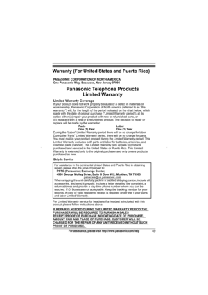 Page 49Appendix
49For assistance, please visit http://www.panasonic.com/help
Warranty (For United States and Puerto Rico)
PANASONIC CORPORATION OF NORTH AMERICA 
One Panasonic Way, Secaucus, New Jersey 07094
Limited Warranty CoverageIf your product does not work properly because of a defect in materials or 
workmanship, Panasonic Corporation of North America (referred to as “the 
warrantor”) will, for the length of the period indicated on the chart below, which 
starts with the date of original purchase...