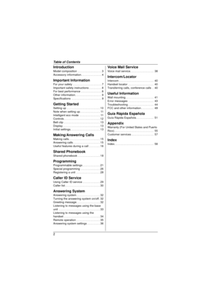 Page 2Table of Contents
2
Introduction
Model composition  . . . . . . . . . . . . . . . 3
Accessory information . . . . . . . . . . . . . 4
Important Information
For your safety  . . . . . . . . . . . . . . . . . . 7
Important safety instructions . . . . . . . . 8
For best performance  . . . . . . . . . . . . . 8
Other information. . . . . . . . . . . . . . . . . 9
Specifications  . . . . . . . . . . . . . . . . . . . 9
Getting Started
Setting up  . . . . . . . . . . . . . . . . . . . . . 10
Note when setting...