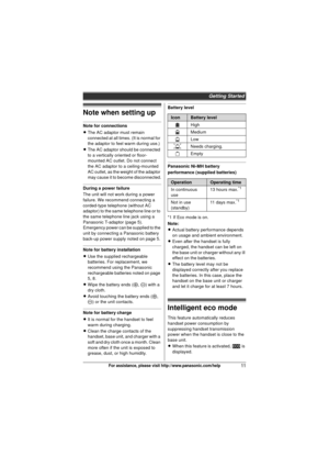 Page 11Getting Started
11For assistance, please visit http://www.panasonic.com/help
Note when setting up
Note for connections
LThe AC adaptor must remain 
connected at all times. (It is normal for 
the adaptor to feel warm during use.)
L The AC adaptor should be connected 
to a vertically oriented or floor-
mounted AC outlet. Do not connect 
the AC adaptor to a ceiling-mounted 
AC outlet, as the weight of the adaptor 
may cause it to become disconnected.
During a power failure
The unit will not work during a...