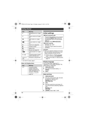 Page 14Getting Started
14
*1 KX-TG4131 series: page 3
Base unit display items
Initial settings
Important:
LWhen you install the batteries for the first 
time, the handset may prompt you to set 
display language and date and time.
Display languageYou can select either “English” or 
“Français” as the display language. The 
default setting is “English”.
1{MENU}(11)
2{r}: Select the desired setting. s 
{SAVE}
3{OFF}
Date and time
1
{MENU}(1)1
2Enter the current month, date, and year 
by selecting 2 digits for...