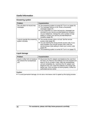 Page 36Answering system
Problem Cause/solution
The unit does not record new
m essages. R
The answering system is turned off. Turn it on (page 24).
RThe message memory is full. Erase unnecessary
messages (page 25).
R If you subscribe to a voice mail service, messages are
recorded by your service provider/telephone company,
not your telephone. Change the unit’s number of rings
setting or contact your service provider/telephone
company (page 28).
I cannot operate the answering
s
 ystem remotely. R
The remote...