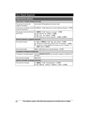 Page 4242
Para obtener ayuda, visite http://www.panasonic.com/help (solo en inglés) Guía Rápida EspañolaTG422x(en)_1130_ver021.pdf   422012/11/30   13:54:00Cómo hacer y contestar llamadas (Auricular)
Para ajustar el volumen del 
receptor o del altavozOprima {^} o {V} repetidamente mientras habla.
Cómo hacer una llamada usando 
la lista de remarcación{>} REDIAL s {r}: Seleccione el número telefónico deseado. s {C}
Para ajustar el volumen del timbre 
del auricular1{MENU} s {r}: “Ajuste inicial” s {OK}2{r}:...