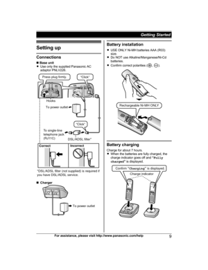 Page 9Setting up
Connections
n
 
Base unit
R Use only the supplied Panasonic AC
adaptor PNLV226. n
C
harger Battery installation
R U

SE ONLY Ni-MH batteries AAA (R03)
size.
R Do NOT use Alkaline/Manganese/Ni-Cd
batteries.
R Confirm correct polarities ( ,  ).
Battery charging
C

harge for about 7 hours.
R When the batteries are fully charged, the
charge indicator goes off and  “Fully
charged ” is displayed. For assistance, please visit http://www.panasonic.com/help
9Getting Started 
TG422x(en)_1130_ver021.pdf...