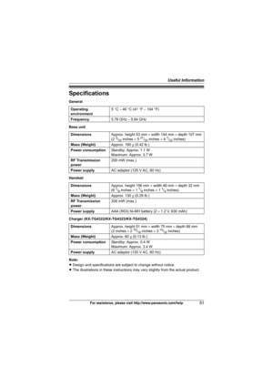 Page 51Useful Information
51For assistance, please visit http://www.panasonic.com/help
Specifications
General
Base unit
Handset
Charger (KX-TG4322/KX-TG4323/KX-TG4324)
Note:
LDesign and specifications are subject to change without notice.
LThe illustrations in these instructions may vary slightly from the actual product. Operating
environment5 °C – 40 °C (41 °F – 104 °F)
Frequency5.76 GHz – 5.84 GHz
DimensionsApprox. height 53 mm × width 144 mm × depth 107 mm
(2 
3/32 inches × 5 21/32 inches × 4 7/32 inches)...