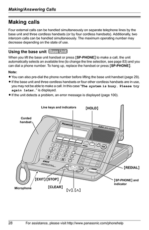 Page 28Making/Answering Calls
28For assistance, please visit http://www.panasonic.com/phonehelp
Making calls
Four external calls can be handled simultaneously on separate telephone lines by the 
base unit and three cordless handsets (or by four cordless handsets). Additionally, two 
intercom calls can be handled simultaneously. The maximum operating number may 
decrease depending on the state of use.
Using the base unit
When you lift the base unit handset or press {SP-PHONE} to make a call, the unit...