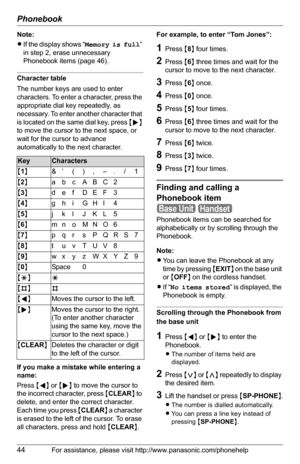 Page 44Phonebook
44For assistance, please visit http://www.panasonic.com/phonehelp
Note:
LIf the display shows “Memory is full” 
in step 2, erase unnecessary 
Phonebook items (page 46).
Character table
The number keys are used to enter 
characters. To enter a character, press the 
appropriate dial key repeatedly, as 
necessary. To enter another character that 
is located on the same dial key, press {g} 
to move the cursor to the next space, or 
wait for the cursor to advance 
automatically to the next...