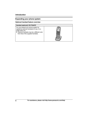 Page 6Expanding your phone system
Optional handset feature overview
Handset (optional): KX-TGA470
You can expand your phone system by
r
egistering optional handsets (6 max.) to a
single base unit.
R Optional handsets may be a different color
from that of the supplied handsets. 6
For assistance, please visit http://www.panasonic.com/helpIntroduction
TG47xx(en-en)_1118_ver022.pdf   62011/11/18   10:26:16  