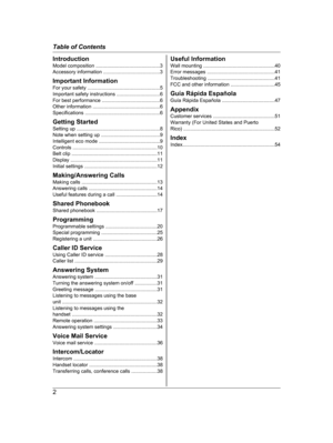 Page 2Introduction
Model composition ..
............................................3
Accessory information ........................................3
Important Information
For your safety .. ..................................................5
Important safety instructions ...............................6
For best performance .........................................6 Other information ................................................6
Specifications ......................................................
6...