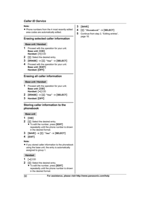 Page 30Note:
R
P
hone numbers from the 4 most recently edited
area codes are automatically edited. Erasing selected caller information
Base unit / Handset
1 P

roceed with the operation for your unit.
Base unit:  M CID N
Handset:  M F N CID
2 Mb N: Select the desired entry.
3 MERASE N a  M b N:  “Yes ” a  M SELECT N
4 Proceed with the operation for your unit.
Base unit:  M EXIT N
Handset:  MOFF N Erasing all caller information
Base unit / Handset
1 P

roceed with the operation for your unit.
Base unit:  M CID...