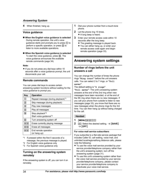 Page 344
When finished, hang up. Voice guidance
n
W

hen the English voice guidance is selected
During remote operation, the unit’s voice
guidance starts and prompts you to press  1 to
perform a specific operation, or press  2 to
listen to more available operations.
n When the Spanish voice guidance is selected
To start the voice guidance, press  9. The
voice guidance announces the available
remote commands (page 34).
Note:
R If you do not press any dial keys within 10
seconds after a voice guidance prompt, the...