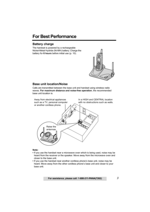 Page 33For assistance, please call: 1-800-211-PANA(7262)
For Best Performance
Battery charge
The handset is powered by a rechargeable 
Nickel-Metal Hydride (Ni-MH) battery. Charge the 
battery for 6 hours before initial use (p. 10).
Base unit location/Noise
Calls are transmitted between the base unit and handset using wireless radio 
waves. For maximum distance and noise-free operation, the recommended 
base unit location is:
Note:
•If you use the handset near a microwave oven which is being used, noise may be...