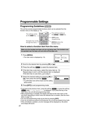 Page 1212
Programmable Settings
Programming Guidelines 
The unit has several programmable functions which can be selected from the 
function menu on the display (p. 13).
How to select a function item from the menu
•To go back to the previous menu, press the soft key ( ), or press the soft key 
( ) while “---(Go back)----” is displayed. If you press this key in the 
main menu, the unit will exit programming mode.
•After programming is complete, the display will return to the main menu or the 
sub-menu depending...