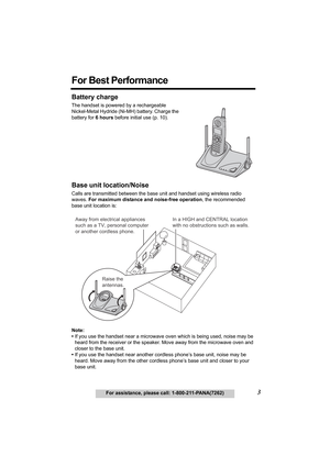 Page 33For assistance, please call: 1-800-211-PANA(7262)
For Best Performance
Battery charge
The handset is powered by a rechargeable 
Nickel-Metal Hydride (Ni-MH) battery. Charge the 
battery for 6 hours before initial use (p. 10).
Base unit location/Noise
Calls are transmitted between the base unit and handset using wireless radio 
waves. For maximum distance and noise-free operation, the recommended 
base unit location is:
Note:
•If you use the handset near a microwave oven which is being used, noise may be...