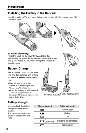 Page 12Installation
12
Installing the Battery in the Handset
Insert the battery ( ), and press it down until it snaps into the compartment ( ). 
Close the cover.
To replace the battery:
Press the notch on the cover ﬁrmly and slide it as 
indicated by the arrow. Replace the old battery with a new 
one (p. 13). Close the cover and charge the handset for 
about 6 hours.
Battery Charge
Place the handsets on the base 
unit and the charger and charge 
for about 6 hours before initial 
use.
•The unit beeps once, the...