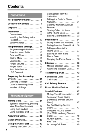 Page 4 
4 
Contents 
For Best Performance . . . . . . . . 6
Location of Controls  . . . . . . . . . 7
Displays  . . . . . . . . . . . . . . . . . . 10
Installation  . . . . . . . . . . . . . . . . 11 
Connections  . . . . . . . . . . . . . . 11
Installing the Battery in the 
Handset . . . . . . . . . . . . . . . . . . 12
Battery Charge  . . . . . . . . . . . . 12 
Programmable Settings . . . . . . 14 
Programming Guidelines. . . . . 14
Function Menu Table  . . . . . . . 15
Date and Time. . . . . . . . . . . ....