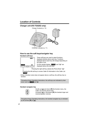 Page 8Location of Controls
8
Charger unit (KX-TG5202 only)
Handset navigator key
Scrolls up [B] and down [d] the function menu, the 
Caller List and the phone book.
Increases [B] or decreases [d] the handset ringer and 
receiver/speaker volumes.
Throughout these Operating Instructions, the soft keys are indicated by their 
icons, such as   and C.
Throughout these Operating Instructions, the handset navigator key is indicated 
by the arrows [d] or [B]. 
Charge Contacts (p. 12)
CHARGE Indicator (p. 11)
How to...