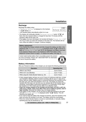 Page 13Useful Information Answering System Telephone System
13
Installation
For assistance, please call: 1-800-211-PANA(7262)
Preparation
Recharge
Recharge the battery when:
— “Recharge battery” is displayed on the handset,
— “
3” flashes, or
— the handset beeps intermittently while it is in use.
•The display will continually indicate “Recharge battery” and/or “
3” will 
flash when the handset battery is charged for less than 15 minutes and the 
handset is lifted off the base unit.
•If the battery has been...