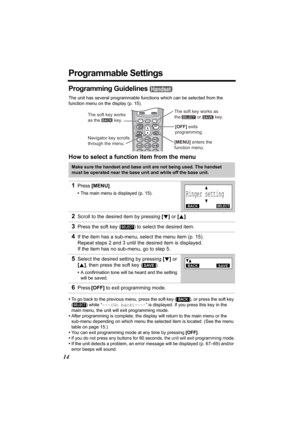 Page 1414
Programmable Settings
Programming Guidelines 
The unit has several programmable functions which can be selected from the 
function menu on the display (p. 15).
How to select a function item from the menu
•To go back to the previous menu, press the soft key ( ), or press the soft key 
( ) while “---(Go back)----” is displayed. If you press this key in the 
main menu, the unit will exit programming mode.
•After programming is complete, the display will return to the main menu or the 
sub-menu depending...
