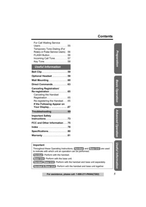 Page 55
Contents
For assistance, please call: 1-800-211-PANA(7262)
Useful Information
Advanced Operation
Basic Operation Preparation
For Call Waiting Service 
Users . . . . . . . . . . . . . . . . . . . . 55 
Temporary Tone Dialing (For 
Rotary or Pulse Service Users). . 56
FLASH Button . . . . . . . . . . . . . 56
Incoming Call Tone . . . . . . . . . 57
Key Tone . . . . . . . . . . . . . . . . . 58
Belt Clip . . . . . . . . . . . . . . . . . . . 59
Optional Headset  . . . . . . . . . . . 59
Wall Mounting . ....