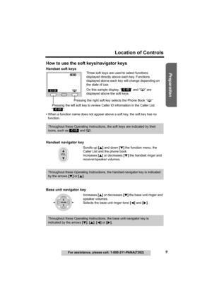 Page 9Useful Information Answering System Telephone System
9
Location of Controls
For assistance, please call: 1-800-211-PANA(7262)
Preparation
Handset navigator key
Scrolls up [B] and down [d] the function menu, the 
Caller List and the phone book.
Increases [B] or decreases [d] the handset ringer and 
receiver/speaker volumes.
Base unit navigator key
Increases [B] or decreases [d] the base unit ringer and 
speaker volumes.
Selects the base unit ringer tone [f] and [g]
.
Throughout these Operating...