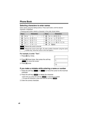 Page 40Phone Book
40
Selecting characters to enter names
Enter names using the dialing buttons. Press each button until the desired 
character is displayed. 
•Pressing each button selects a character in the order shown below.
For example, to enter “Tom”:
1. Press [8] four times.
2. Press [6] three times, then press the soft key 
() to move the cursor.
3. Press [6] once.
If you make a mistake while entering a name or number
1. Press the soft key () or () to move the cursor to the incorrect 
character.
2. Press...