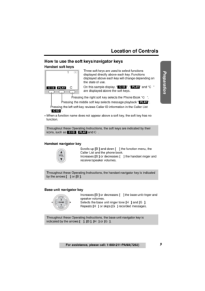 Page 9Useful Information Answering System Telephone System
9
Location of Controls
For assistance, please call: 1-800-211-PANA(7262)
Preparation
Handset navigator key
Scrolls up [B] and down [d] the function menu, the 
Caller List and the phone book.
Increases [B] or decreases [d] the handset ringer and 
receiver/speaker volumes.
Base unit navigator key
Increases [B] or decreases [d] the base unit ringer and 
speaker volumes.
Selects the base unit ringer tone [H] and [G]
.
Repeats [H] or skips [G] recorded...