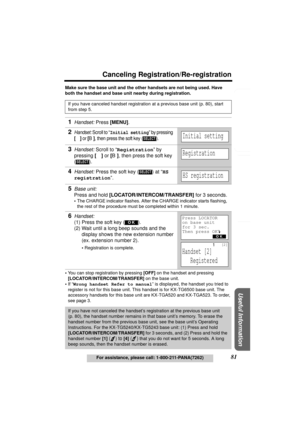 Page 81Useful Information
Answering System Preparation
81
Canceling Registration/Re-registration
For assistance, please call: 1-800-211-PANA(7262)
Telephone System
Make sure the base unit and the other handsets are not being used. Have 
both the handset and base unit nearby during registration.
•You can stop registration by pressing [OFF] on the handset and pressing 
[LOCATOR/INTERCOM/TRANSFER] on the base unit.
•If “Wrong handset Refer to manual” is displayed, the handset you tried to 
register is not for this...