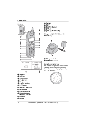 Page 14Preparation
14For assistance, please call 1-800-211-PANA (7262).
Handset
ASpeaker
BSoft key
CHeadset jack
D{C} (TALK)
ENavigator key
F{s} (SP-PHONE)
G{*} (TONE)
H{PAUSE}{REDIAL}
IMicrophone
JCharge contacts
KRinger indicator
Message indicator
LReceiver
MDisplayN{MENU}
O{OFF}
P{MUTE}{CLEAR}
Q{HOLD}
R{HOLD}{INTERCOM}
Charger unit (KX-TG5422 and KX-
TG5423 only)
ACharge contacts
BCHARGE indicator
Using the navigator key
The handset navigator key can be used to 
navigate through menus and to select 
items...