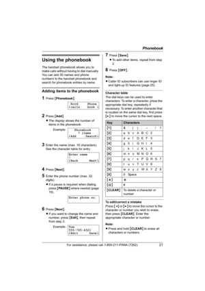 Page 21Phonebook
For assistance, please call 1-800-211-PANA (7262).21
Using the phonebook
The handset phonebook allows you to 
make calls without having to dial manually. 
You can add 50 names and phone 
numbers to the handset phonebook and 
search for phonebook entries by name.
Adding items to the phonebook
1Press {Phonebook}.
2Press {Add}.
LThe display shows the number of 
items in the phonebook.
3Enter the name (max. 16 characters). 
See the character table for entry.
4Press {Next}.
5Enter the phone number...