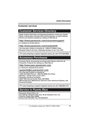 Page 59Useful Information
For assistance, please call 1-800-211-PANA (7262).59
Customer services
Customer Services Directory
Obtain Product Information and Operating Assistance; locate your nearest 
Dealer or Servicenter; purchase Parts and Accessories; or make Customer 
Service and Literature requests by visiting our Web Site at:
http://www.panasonic.com/consumersupport
or, contact us via the web at:
http://www.panasonic.com/contactinfo
You may also contact us directly at: 1-800-211-PANA (7262),
Monday-Friday...