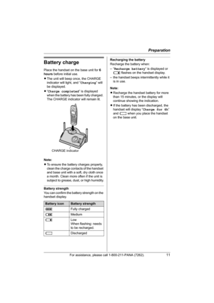 Page 11Preparation
For assistance, please call 1-800-211-PANA (7262).11
Battery charge
Place the handset on the base unit for 6 
hours before initial use.
LThe unit will beep once, the CHARGE 
indicator will light, and “Charging” will 
be displayed.
L“Charge completed” is displayed 
when the battery has been fully charged. 
The CHARGE indicator will remain lit.
Note:
LTo ensure the battery charges properly, 
clean the charge contacts of the handset 
and base unit with a soft, dry cloth once 
a month. Clean more...