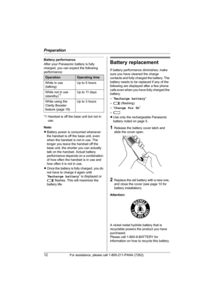 Page 12Preparation
12For assistance, please call 1-800-211-PANA (7262).
Battery performance
After your Panasonic battery is fully 
charged, you can expect the following 
performance:
*1 Handset is off the base unit but not in 
use.
Note:
LBattery power is consumed whenever 
the handset is off the base unit, even 
when the handset is not in use. The 
longer you leave the handset off the 
base unit, the shorter you can actually 
talk on the handset. Actual battery 
performance depends on a combination 
of how...