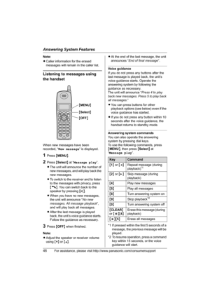 Page 46Answering System Features
46For assistance, please visit http://www.panasonic.com/consumersupport
Note:
LCaller information for the erased 
messages will remain in the caller list.
Listening to messages using 
the handset
When new messages have been 
recorded, “New message” is displayed.
1Press {MENU}.
2Press {Select} at “Message play”.
LThe unit will announce the number of 
new messages, and will play back the 
new messages.
LTo switch to the receiver and to listen 
to the messages with privacy, press...