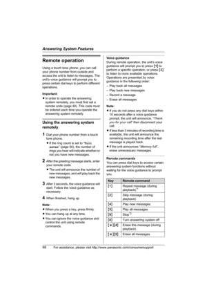 Page 48Answering System Features
48For assistance, please visit http://www.panasonic.com/consumersupport
Remote operation
Using a touch tone phone, you can call 
your phone number from outside and 
access the unit to listen to messages. The 
unit’s voice guidance will prompt you to 
press certain dial keys to perform different 
operations.
Important:
LIn order to operate the answering 
system remotely, you must first set a 
remote code (page 49). This code must 
be entered each time you operate the 
answering...