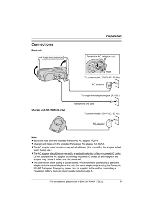 Page 9Preparation
For assistance, please call 1-800-211-PANA (7262).9
Connections
Base unit
Charger unit (KX-TG5439 only)
Note:
LBase unit: Use only the included Panasonic AC adaptor PQLV1.
LCharger unit: Use only the included Panasonic AC adaptor KX-TCA1.
LThe AC adaptor must remain connected at all times. (It is normal for the adaptor to feel 
warm during use.)
LThe AC adaptor should be connected to a vertically oriented or floor-mounted AC outlet. 
Do not connect the AC adaptor to a ceiling-mounted AC...