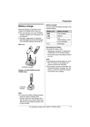 Page 11Preparation
For assistance, please call 1-800-211-PANA (7262).11
Battery charge
Place the handset on the base unit or 
charger for 6 hours before initial use.
LThe unit will beep once, the CHARGE 
indicator will light, and “Charging” will 
be displayed.
L“Charge completed” is displayed 
when the battery has been fully charged. 
The CHARGE indicator will remain lit.
Base unit
Charger unit (KX-TG5452 and KX-
TG5453 only)
Note:
LTo ensure the battery charges properly, 
clean the charge contacts of the...