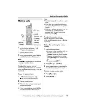 Page 19Making/Answering Calls
For assistance, please visit http://www.panasonic.com/consumersupport19
Making calls
1Lift the handset and press {C}.
L“Talk” will be displayed.
2Dial the phone number.
3When finished talking, press {OFF} or 
place the handset on the base unit.
Note:
LS is displayed when someone is 
talking on another phone.
To adjust the receiver volume
3 levels (high/medium/low) are available.
While using the receiver, press {V} or {^}
repeatedly.
To use the speakerphone
1Lift the handset and...