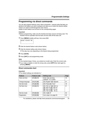 Page 33Programmable Settings
For assistance, please visit http://www.panasonic.com/consumersupport33
Programming via direct commands
You can also program features using “direct commands”—special codes that take you 
directly to the feature you wish to program and allow you to select the desired setting. 
There is no need to scroll through the unit’s menus.
Details of each feature can be found on the corresponding pages.
Important:
LBefore programming, make sure the handset and base unit are not being used. The...