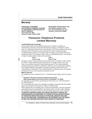 Page 69✄
Useful Information
For assistance, please visit http://www.panasonic.com/consumersupport69
Warranty
PANASONIC CONSUMER 
ELECTRONICS COMPANY, DIVISION 
OF PANASONIC CORPORATION OF 
NORTH AMERICA 
One Panasonic Way, 
Secaucus, New Jersey 07094PANASONIC PUERTO RICO, INC.
San Gabriel Industrial Park, 
Ave. 65 de Infantería, Km. 9.5,
Carolina, Puerto Rico 00985
Panasonic Telephone Products
Limited Warranty
Limited Warranty Coverage
If your product does not work properly because of a defect in materials or...