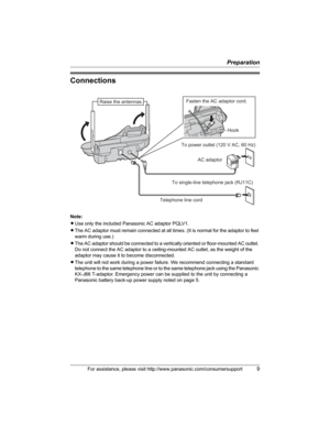 Page 9Preparation
For assistance, please visit http://www.panasonic.com/consumersupport9
Connections
Note:
LUse only the included Panasonic AC adaptor PQLV1.
LThe AC adaptor must remain connected at all times. (It is normal for the adaptor to feel 
warm during use.)
LThe AC adaptor should be connected to a vertically oriented or floor-mounted AC outlet. 
Do not connect the AC adaptor to a ceiling-mounted AC outlet, as the weight of the 
adaptor may cause it to become disconnected.
LThe unit will not work...